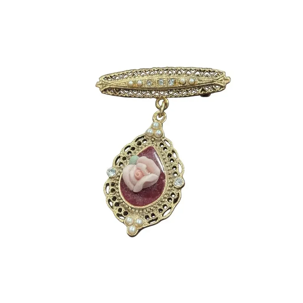 Victorian Rose Cameo Dangle Brooch 1928 Gold Filigree Pearl Rhinestone